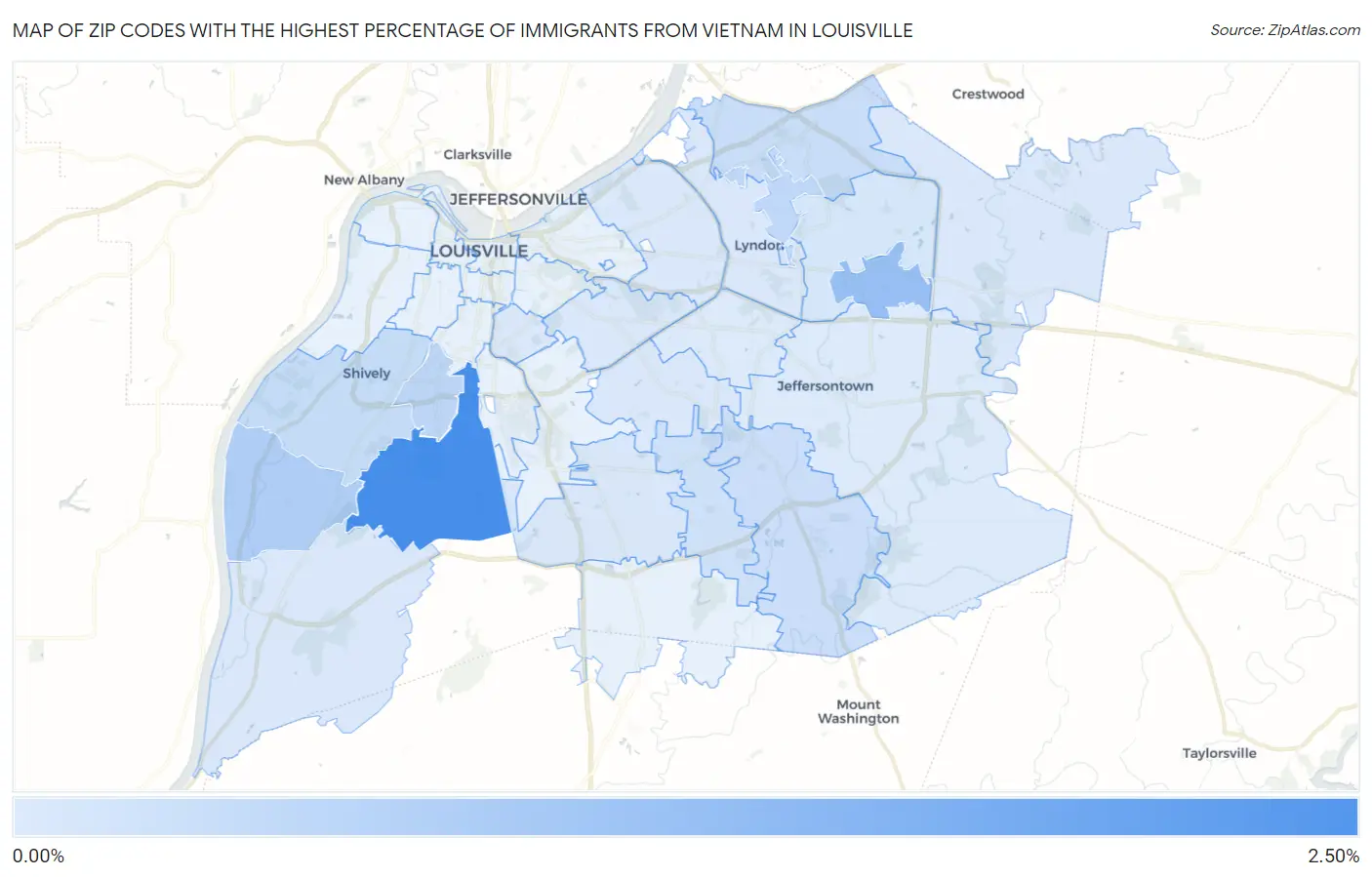 Zip Codes with the Highest Percentage of Immigrants from Vietnam in Louisville Map