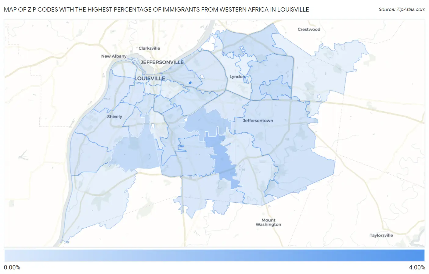Zip Codes with the Highest Percentage of Immigrants from Western Africa in Louisville Map