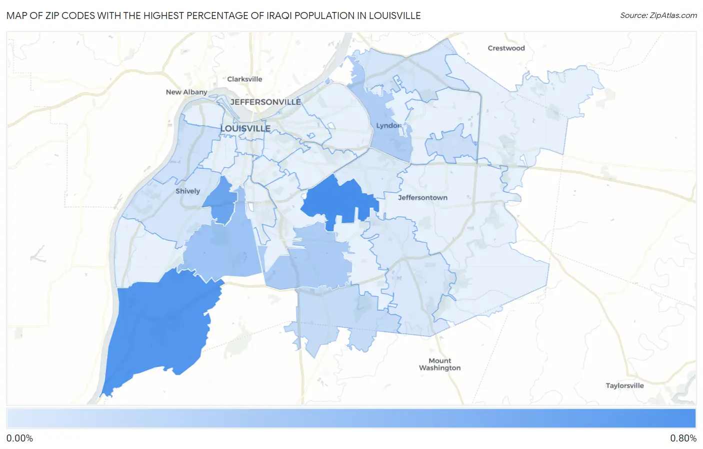 Zip Codes with the Highest Percentage of Iraqi Population in Louisville Map