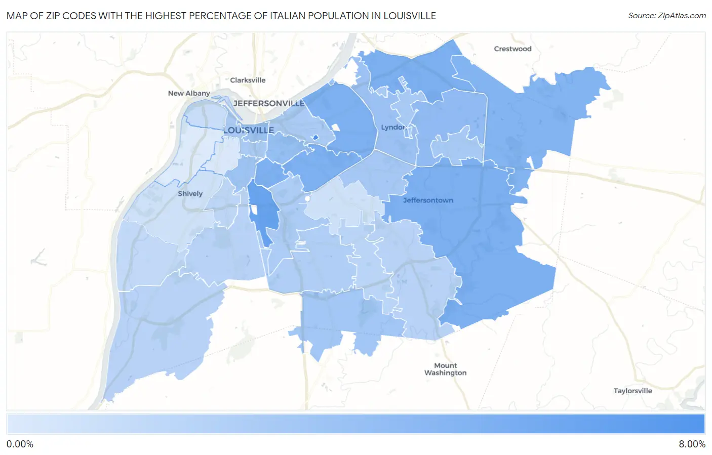 Zip Codes with the Highest Percentage of Italian Population in Louisville Map