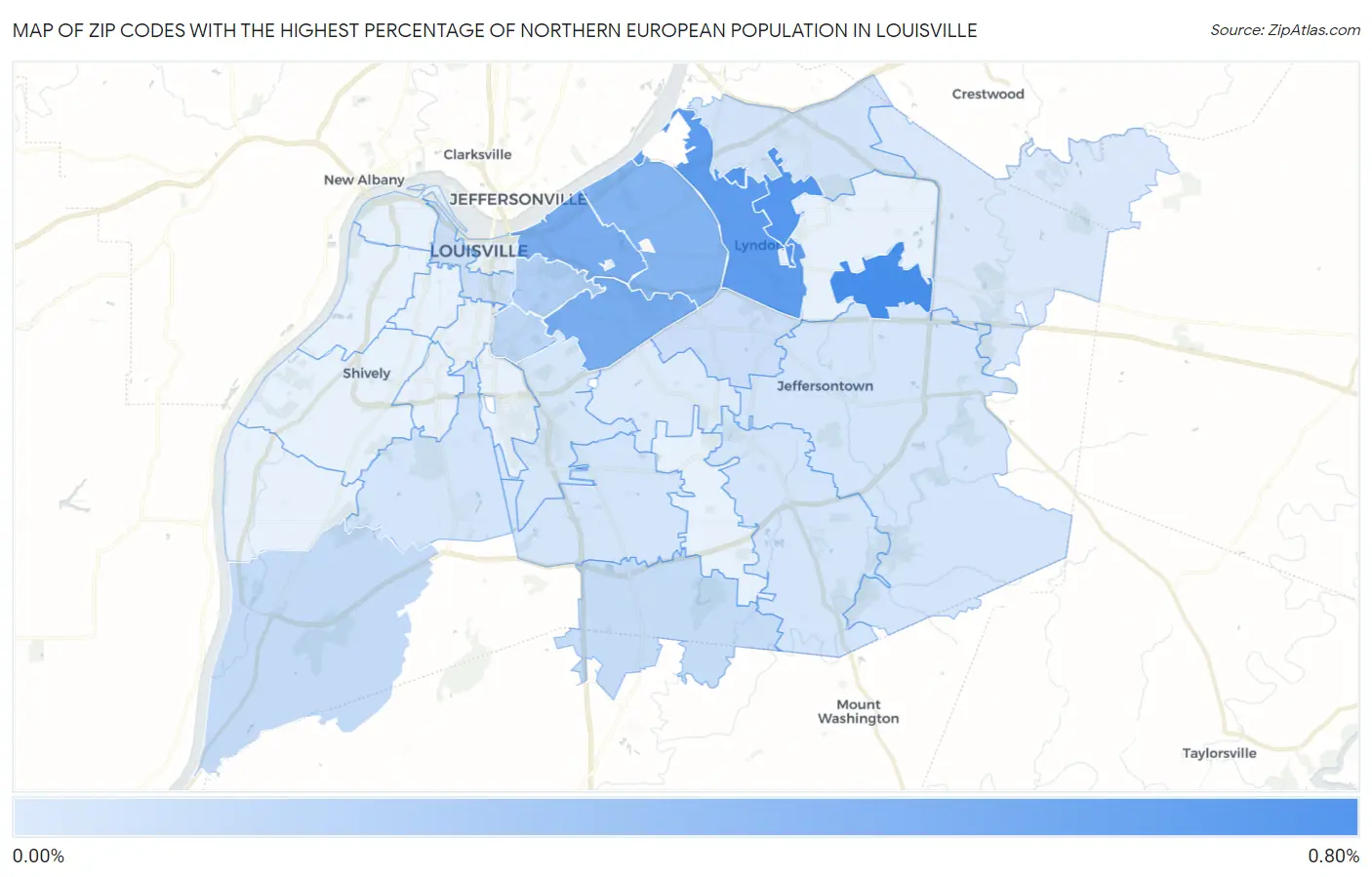 Zip Codes with the Highest Percentage of Northern European Population in Louisville Map