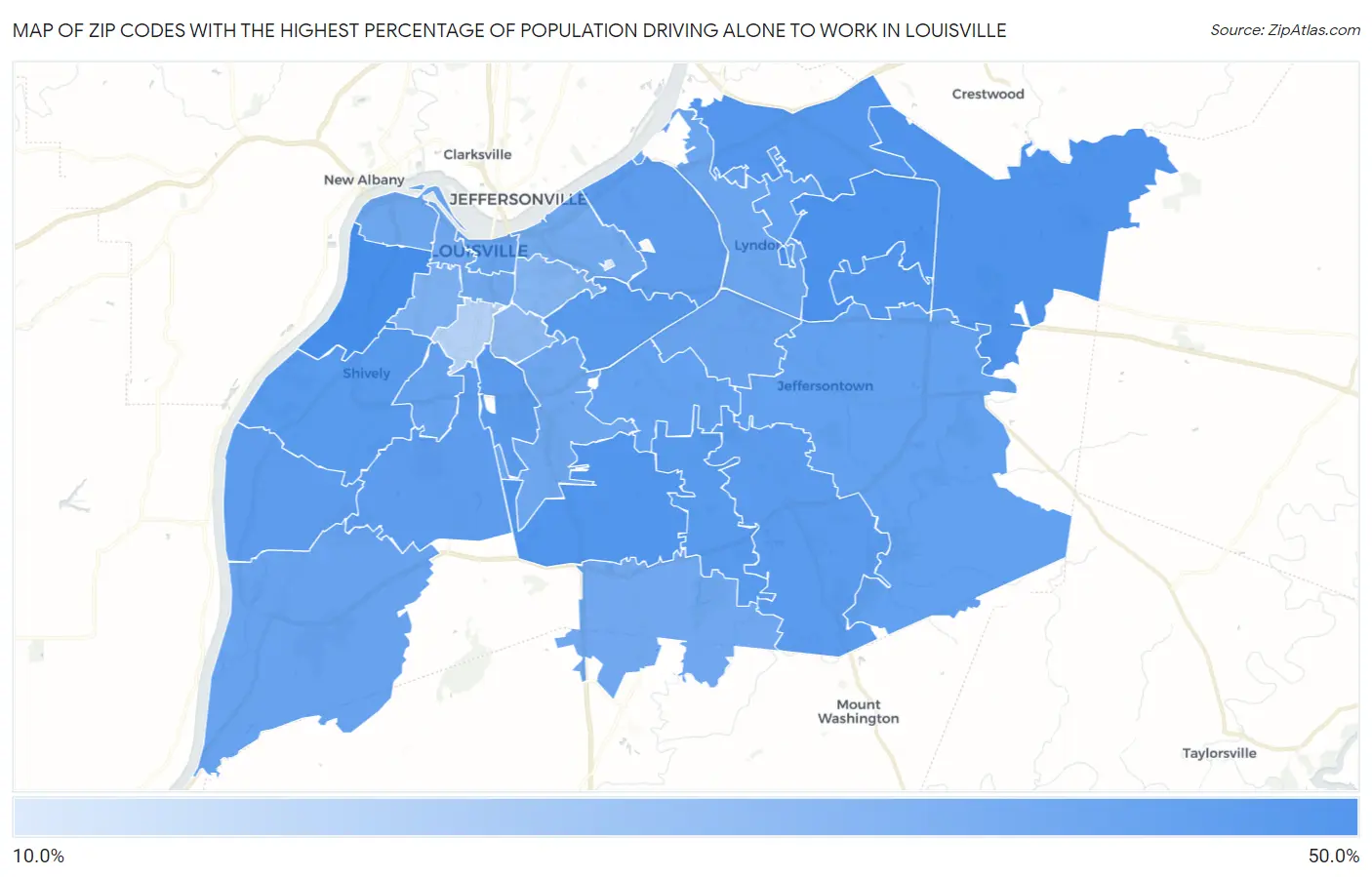 Zip Codes with the Highest Percentage of Population Driving Alone to Work in Louisville Map