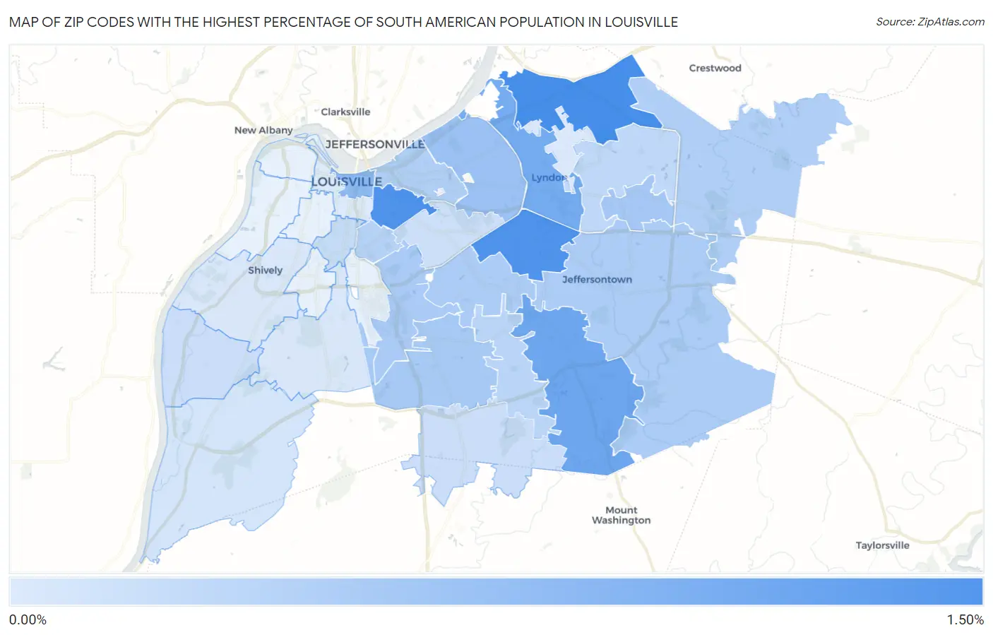 Zip Codes with the Highest Percentage of South American Population in Louisville Map