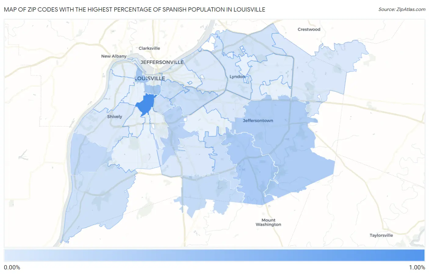 Zip Codes with the Highest Percentage of Spanish Population in Louisville Map