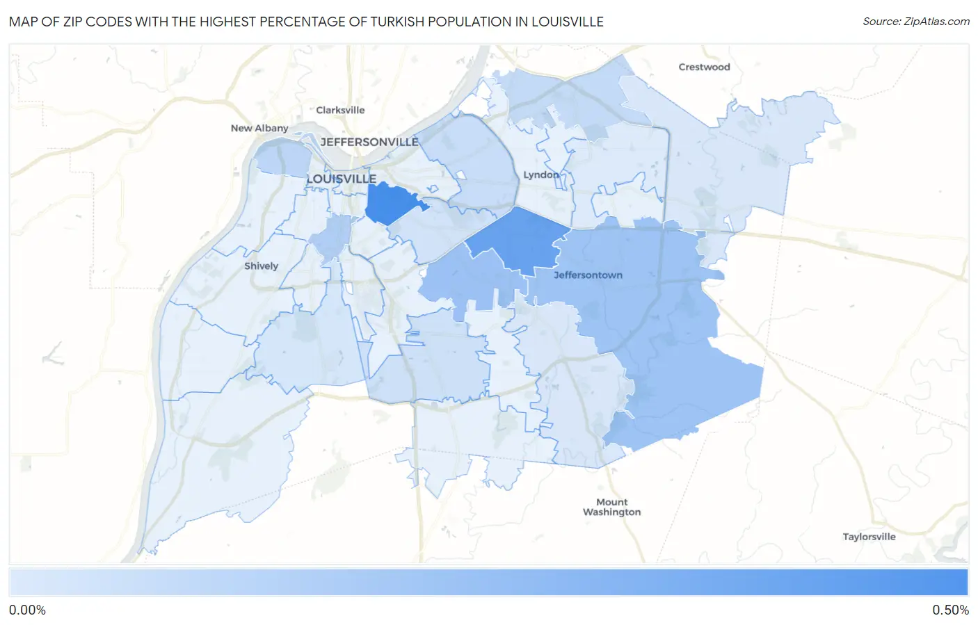 Zip Codes with the Highest Percentage of Turkish Population in Louisville Map