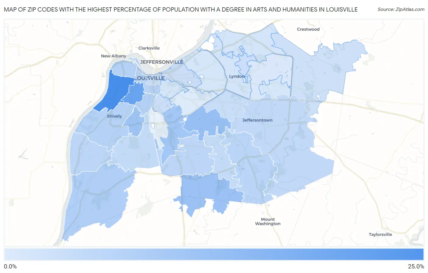 Zip Codes with the Highest Percentage of Population with a Degree in Arts and Humanities in Louisville Map