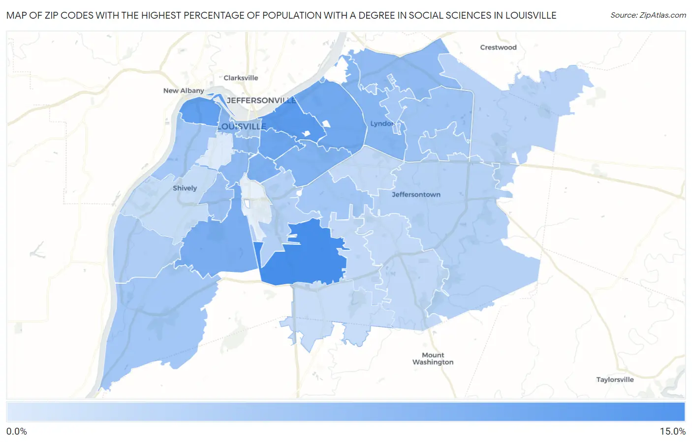 Zip Codes with the Highest Percentage of Population with a Degree in Social Sciences in Louisville Map