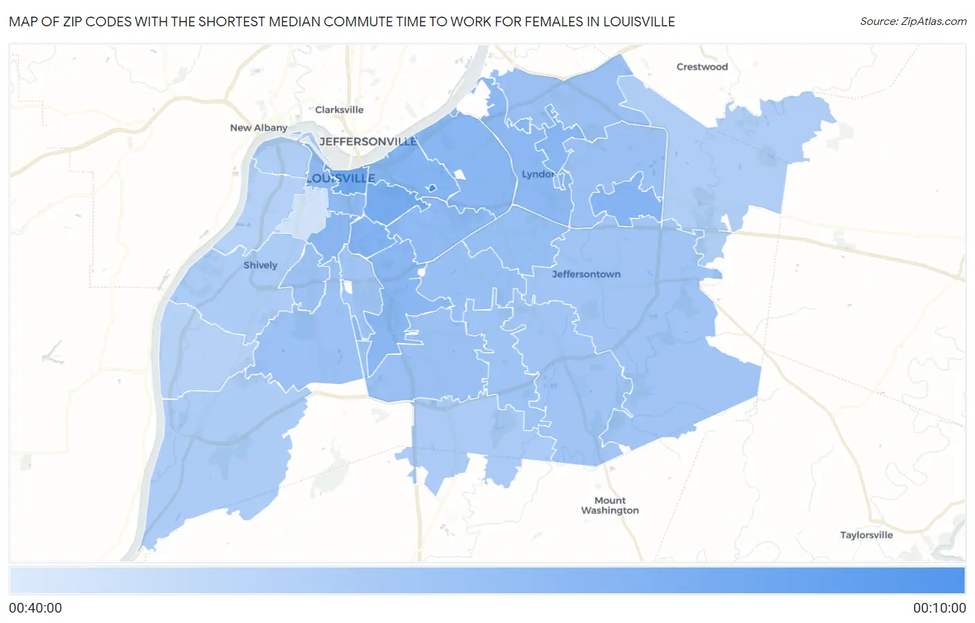 Zip Codes with the Shortest Median Commute Time to Work for Females in Louisville Map