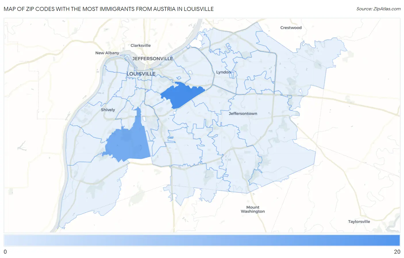 Zip Codes with the Most Immigrants from Austria in Louisville Map