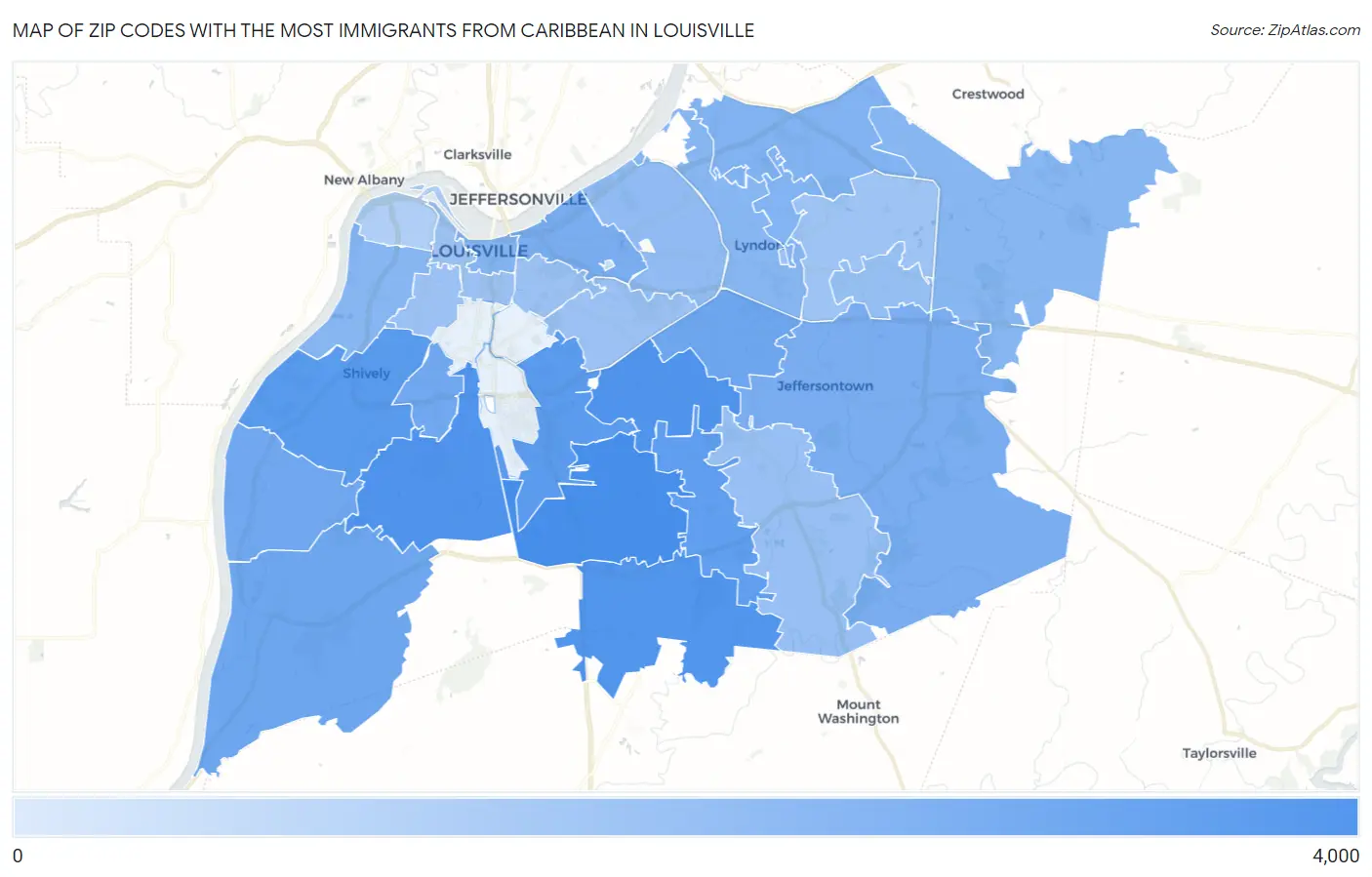 Zip Codes with the Most Immigrants from Caribbean in Louisville Map