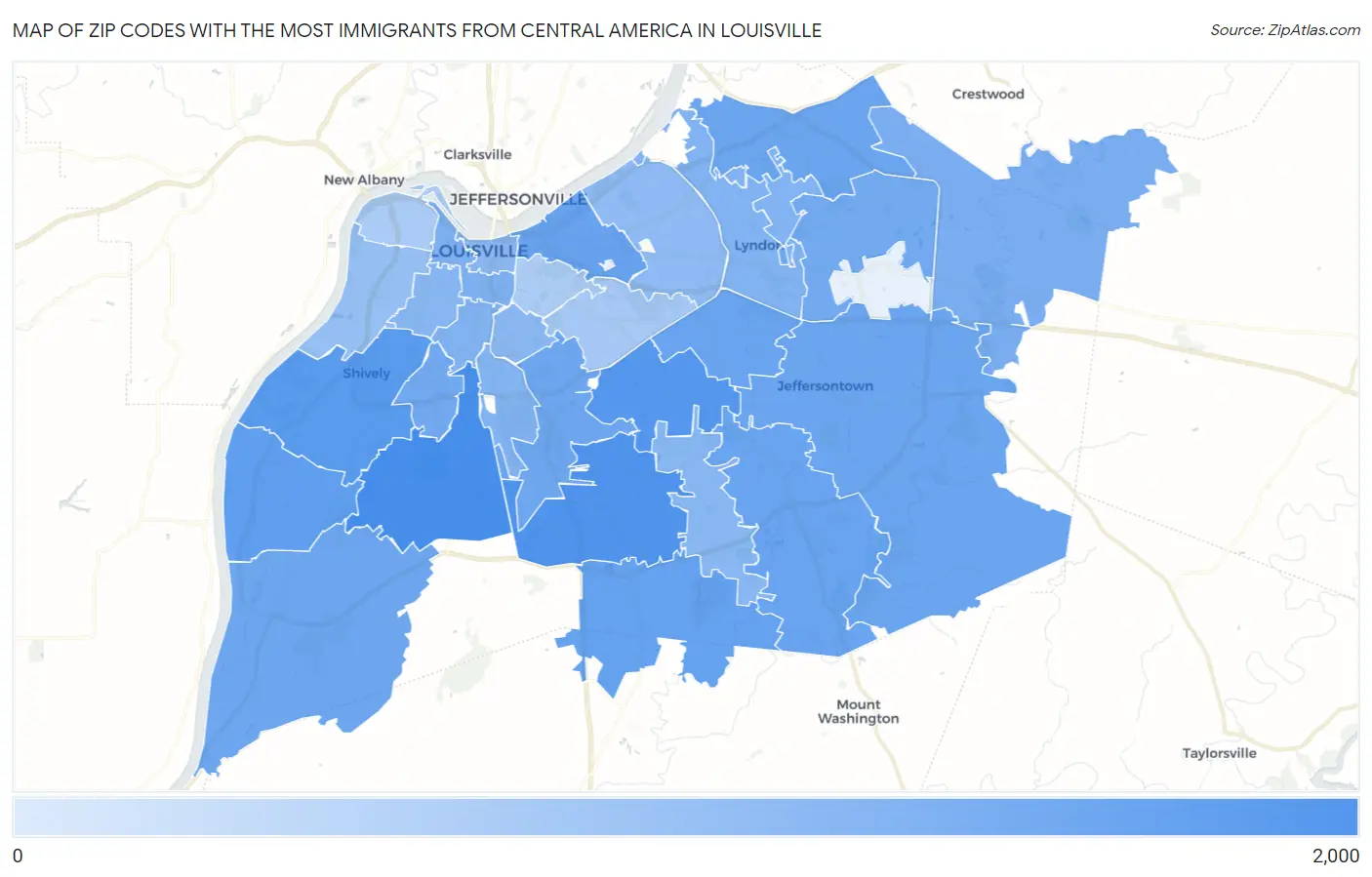 Zip Codes with the Most Immigrants from Central America in Louisville Map