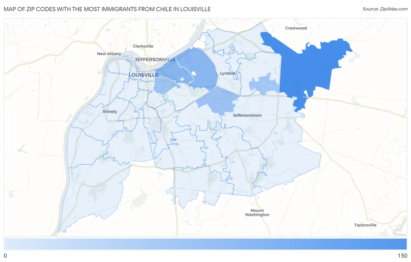 Zip Codes with the Most Immigrants from Chile in Louisville Map