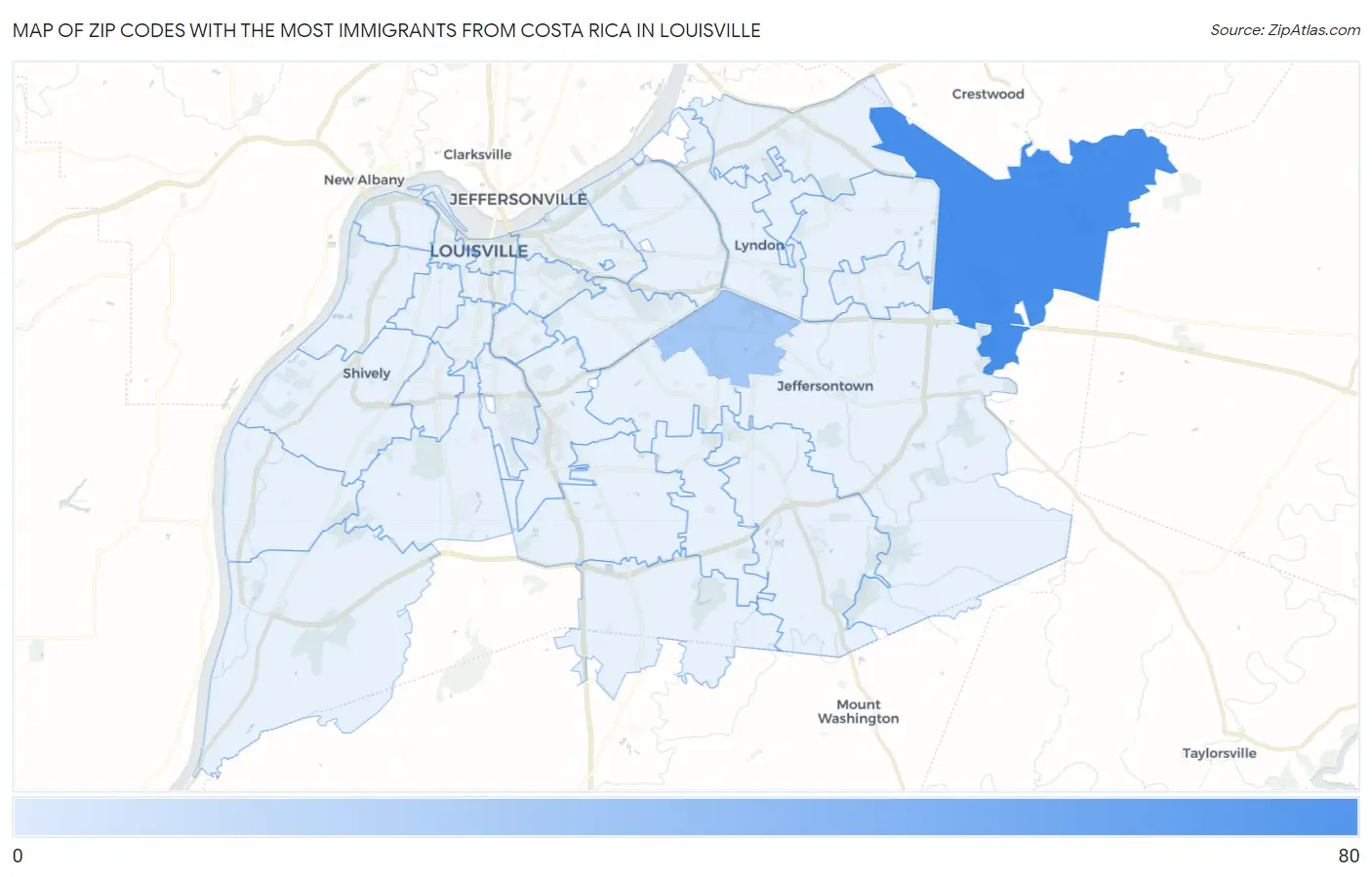Zip Codes with the Most Immigrants from Costa Rica in Louisville Map