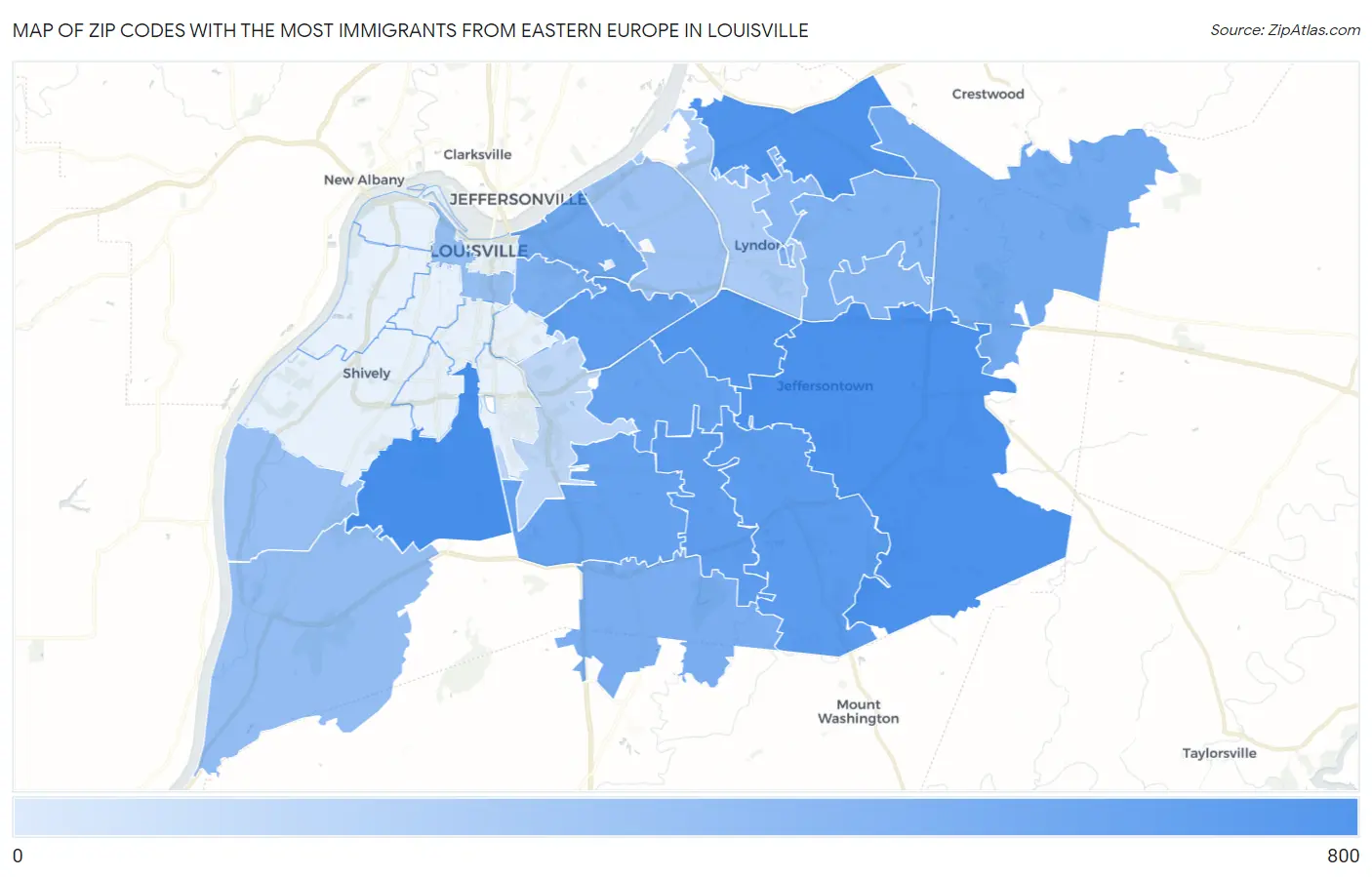 Zip Codes with the Most Immigrants from Eastern Europe in Louisville Map