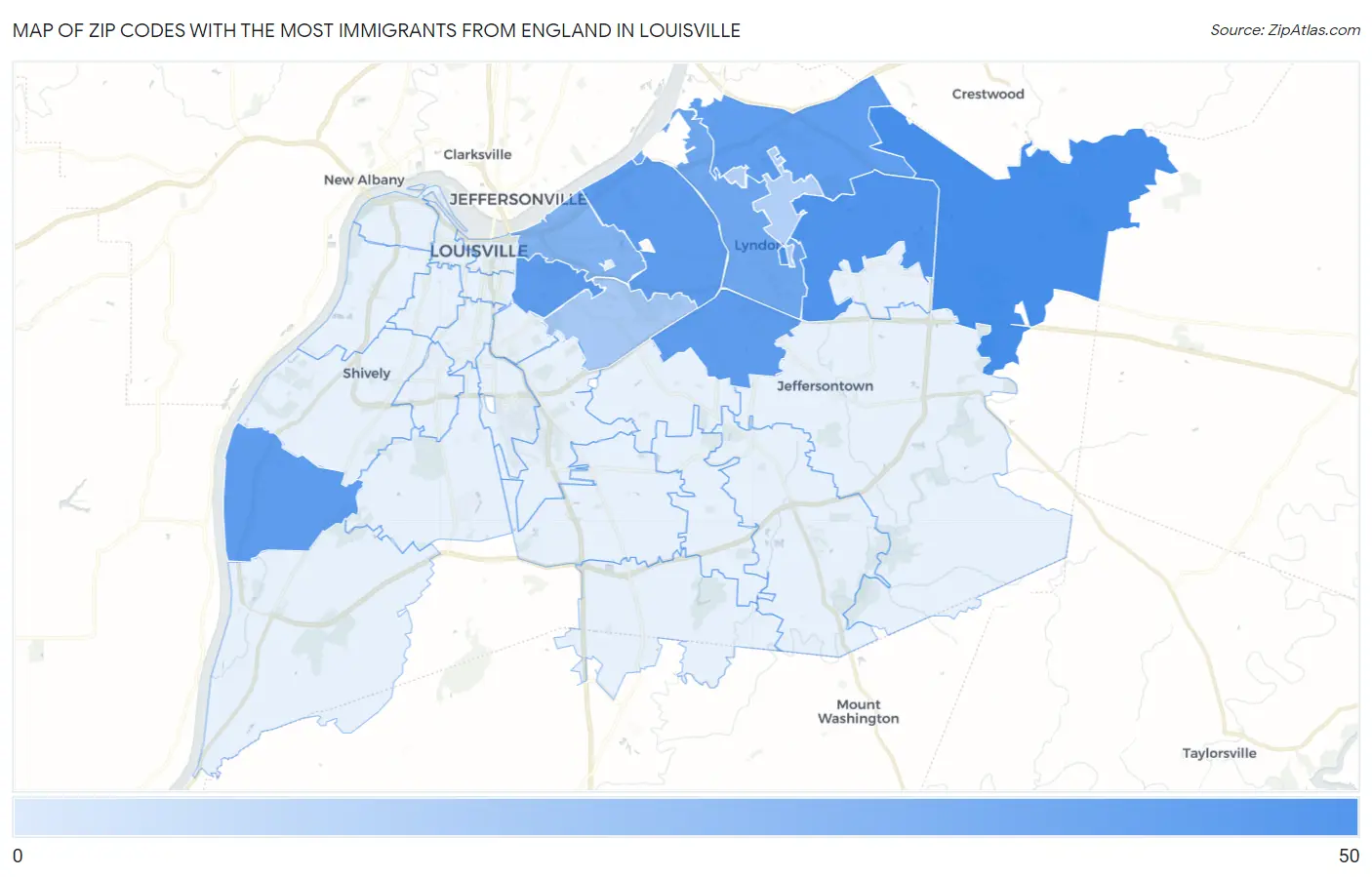 Zip Codes with the Most Immigrants from England in Louisville Map