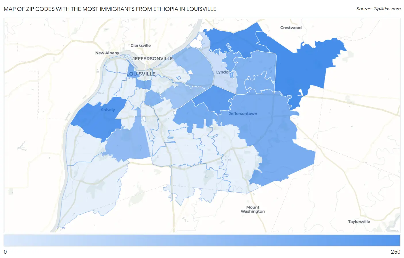 Zip Codes with the Most Immigrants from Ethiopia in Louisville Map