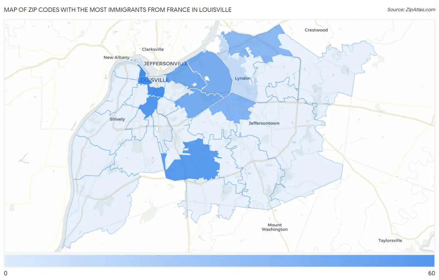 Zip Codes with the Most Immigrants from France in Louisville Map