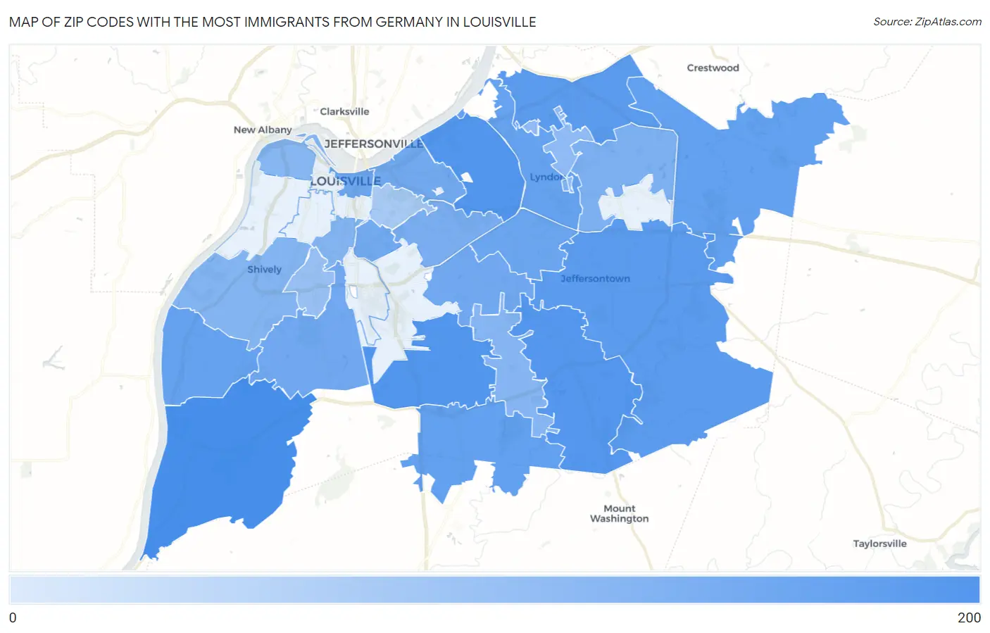 Zip Codes with the Most Immigrants from Germany in Louisville Map