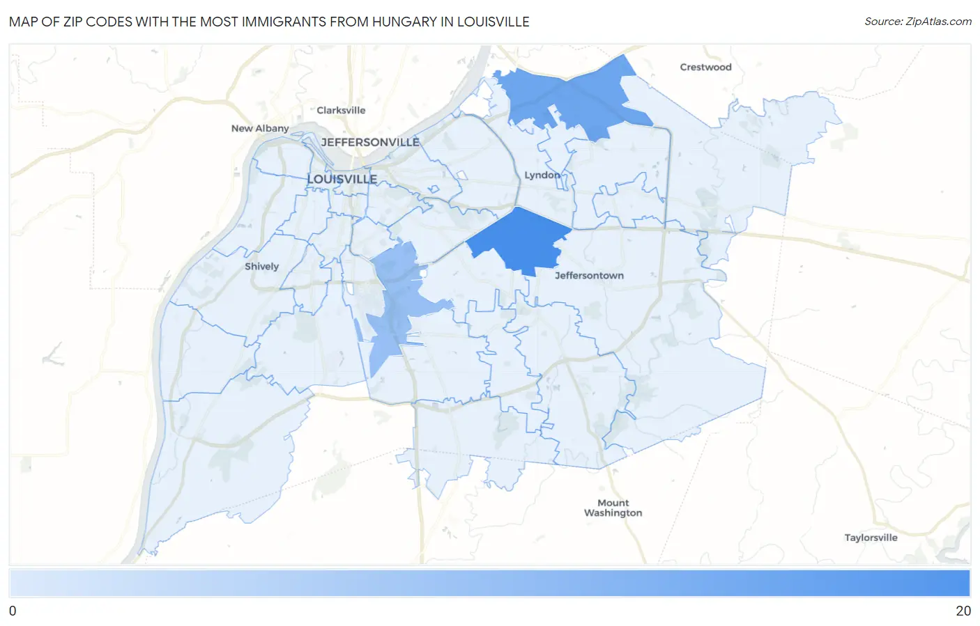 Zip Codes with the Most Immigrants from Hungary in Louisville Map