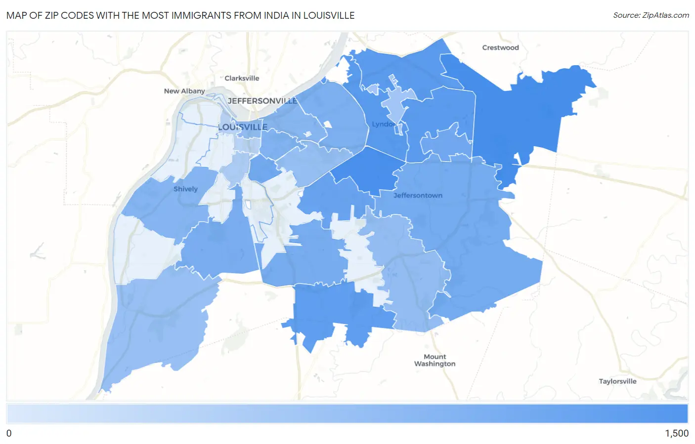 Zip Codes with the Most Immigrants from India in Louisville Map