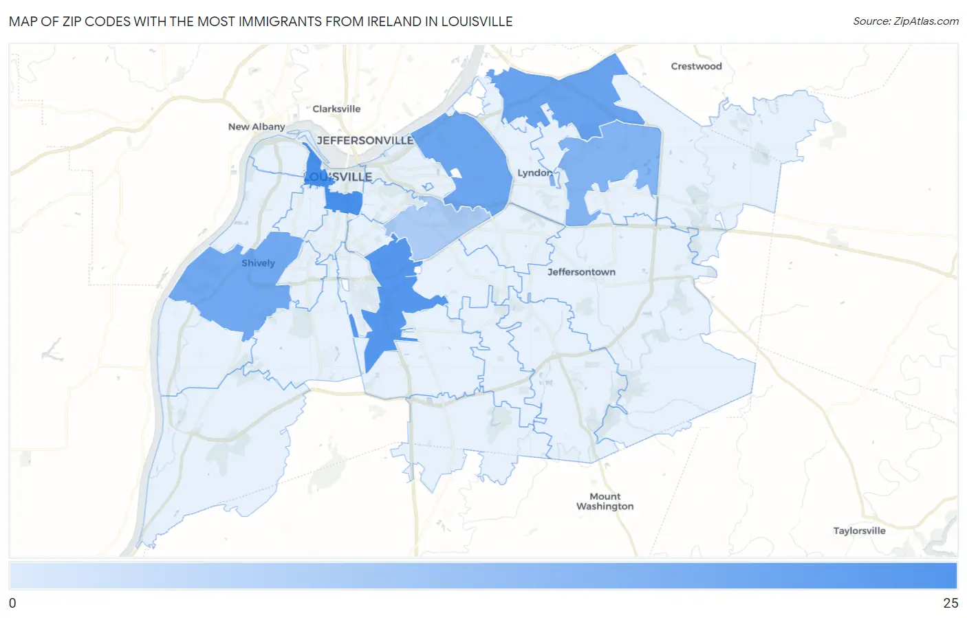 Zip Codes with the Most Immigrants from Ireland in Louisville Map