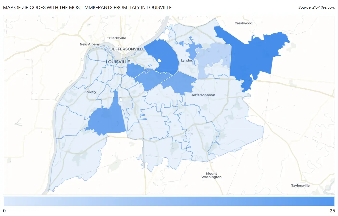 Zip Codes with the Most Immigrants from Italy in Louisville Map