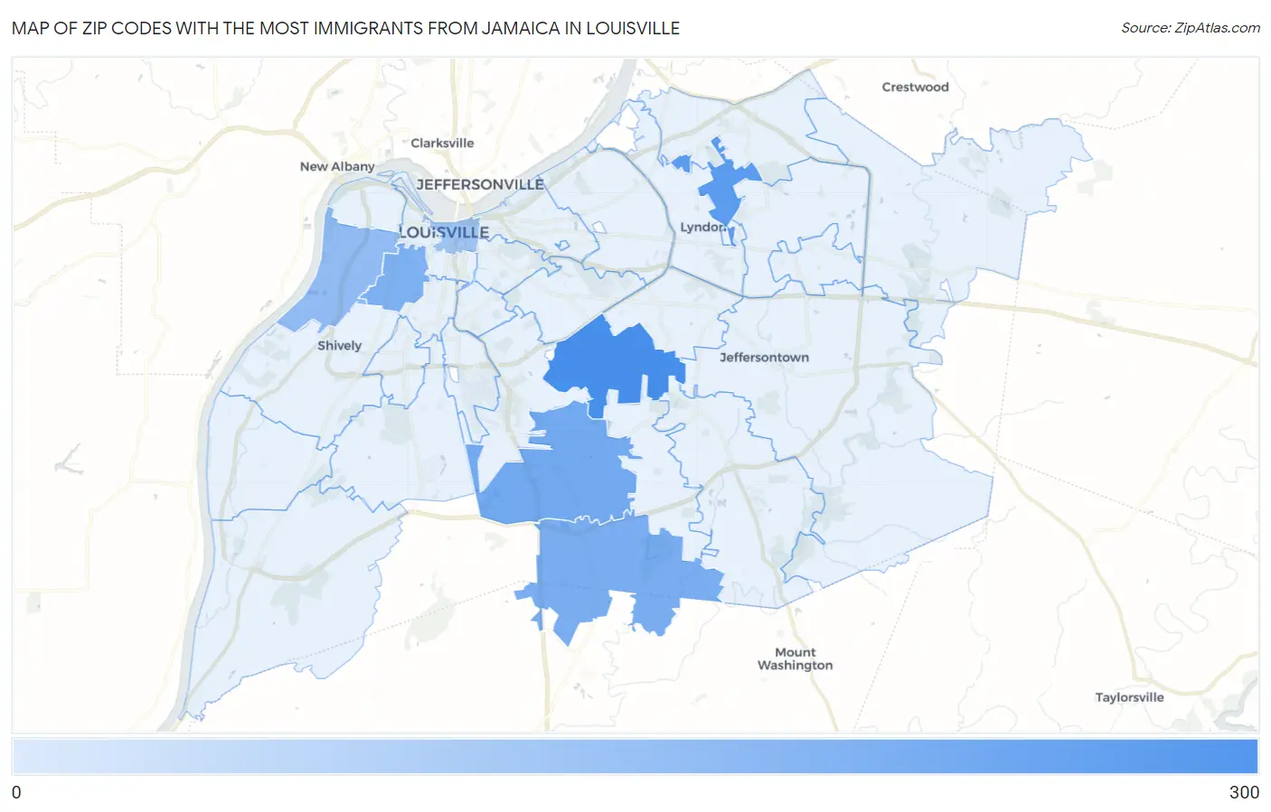 Zip Codes with the Most Immigrants from Jamaica in Louisville Map