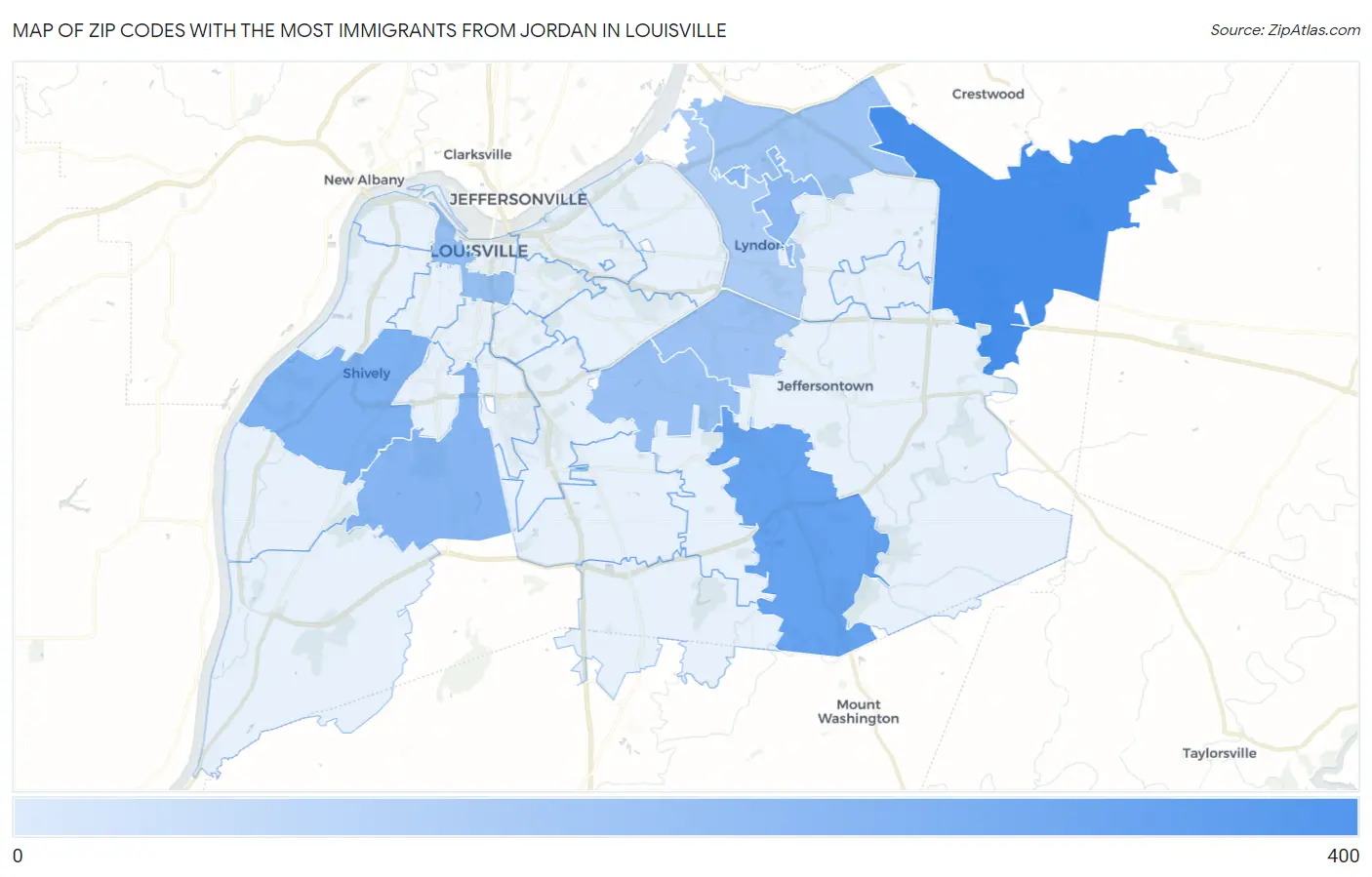 Zip Codes with the Most Immigrants from Jordan in Louisville Map