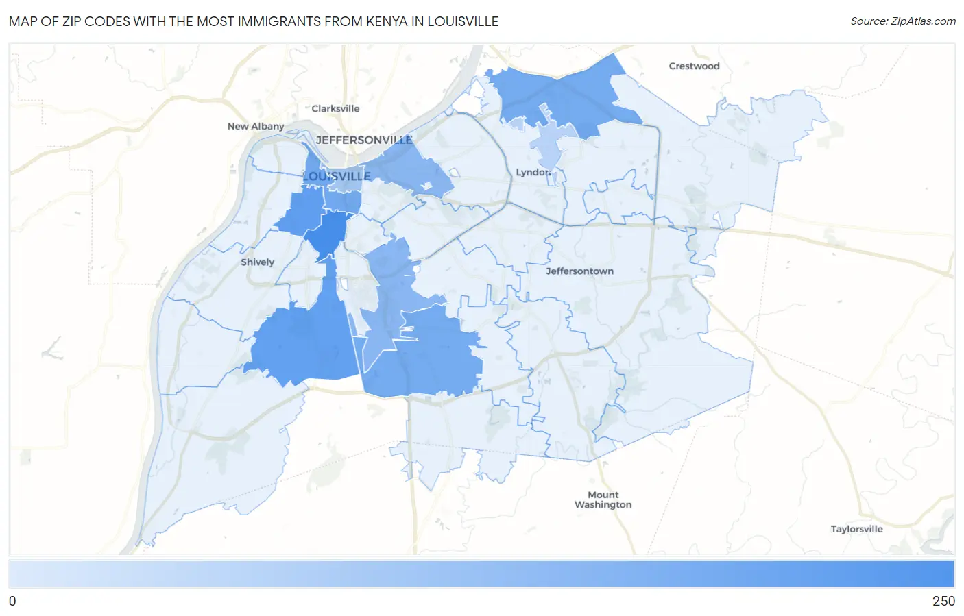 Zip Codes with the Most Immigrants from Kenya in Louisville Map