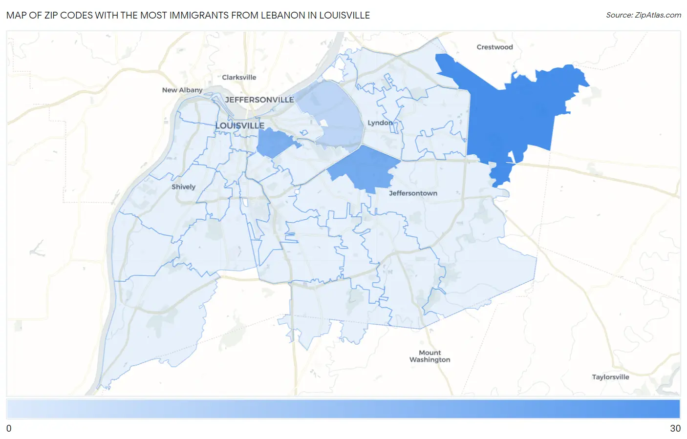 Zip Codes with the Most Immigrants from Lebanon in Louisville Map