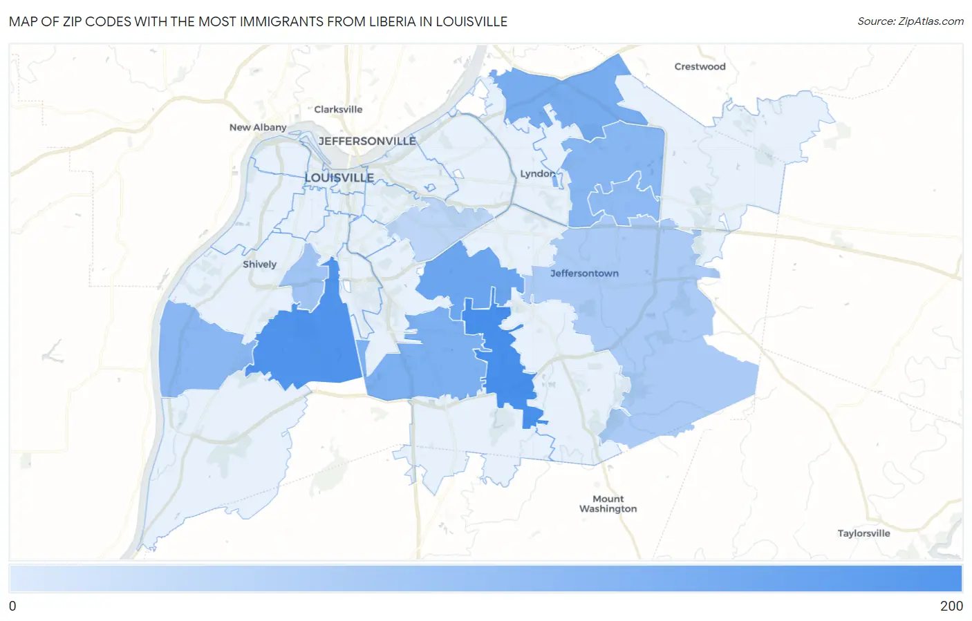 Zip Codes with the Most Immigrants from Liberia in Louisville Map