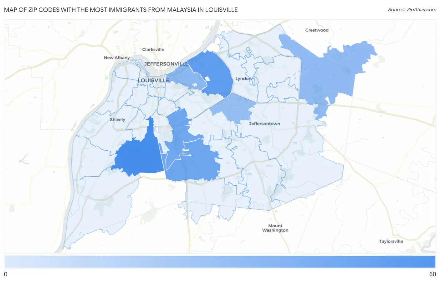 Zip Codes with the Most Immigrants from Malaysia in Louisville Map