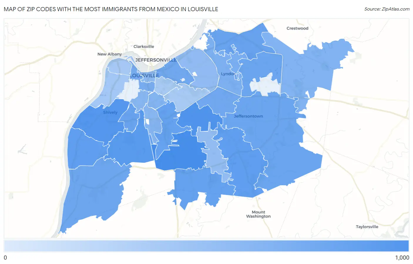 Zip Codes with the Most Immigrants from Mexico in Louisville Map