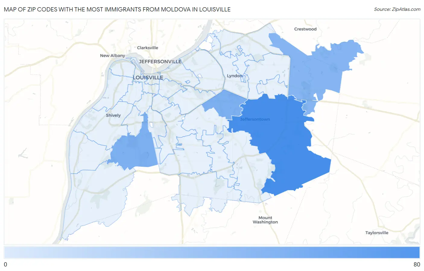 Zip Codes with the Most Immigrants from Moldova in Louisville Map