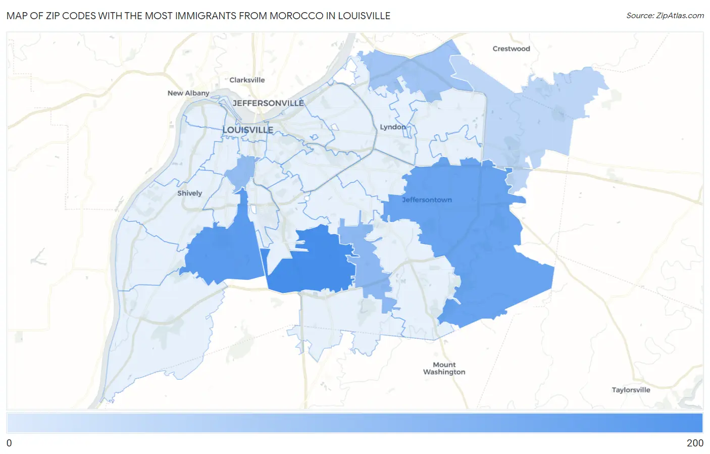 Zip Codes with the Most Immigrants from Morocco in Louisville Map