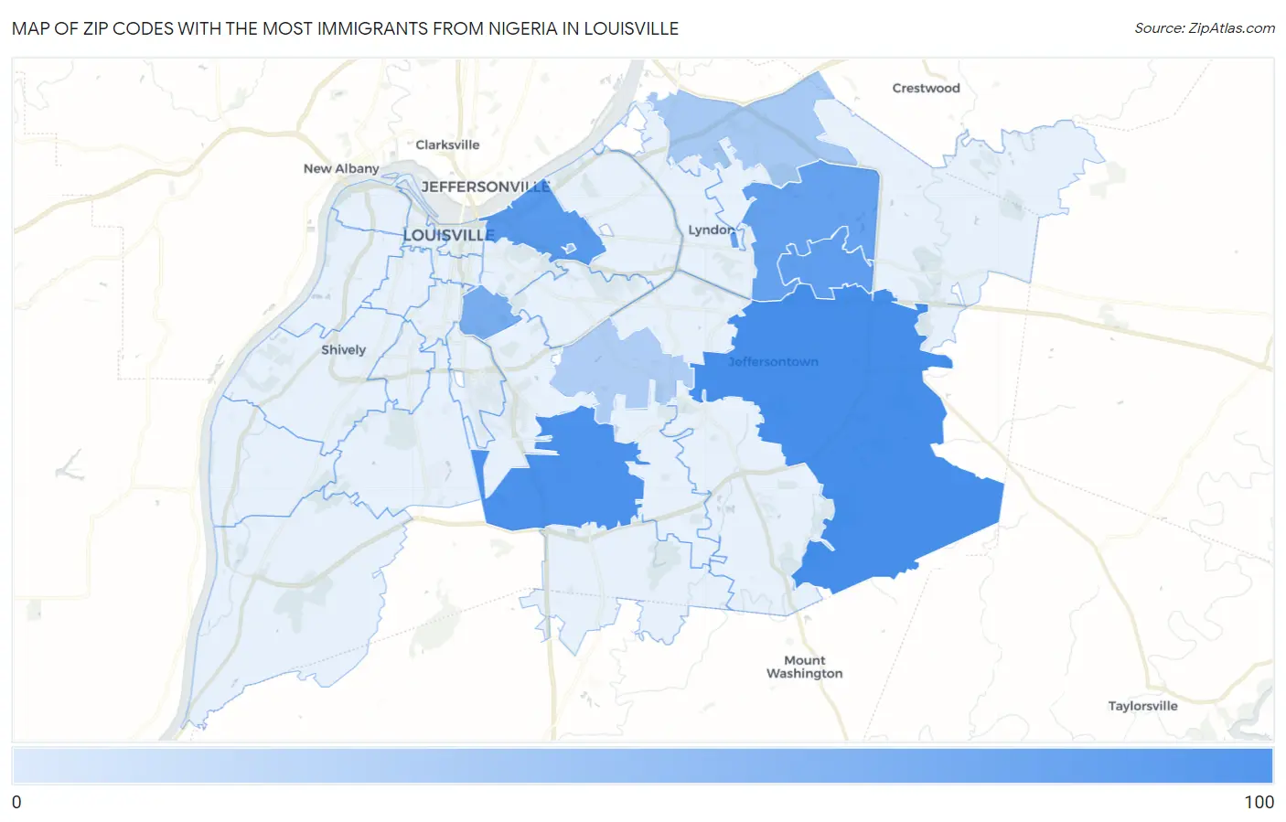 Zip Codes with the Most Immigrants from Nigeria in Louisville Map