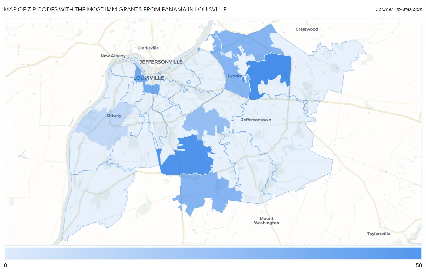 Zip Codes with the Most Immigrants from Panama in Louisville Map