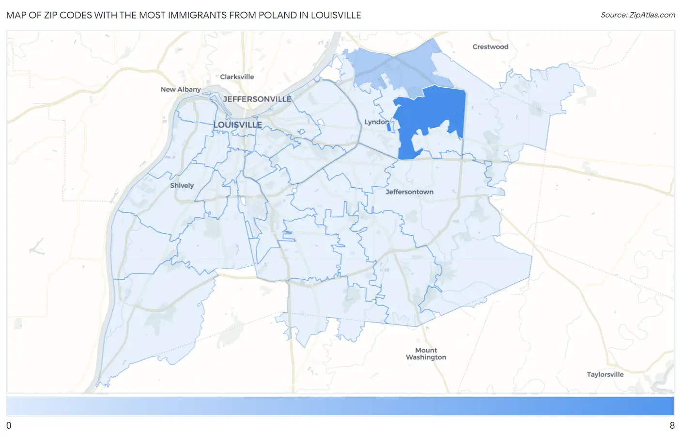Zip Codes with the Most Immigrants from Poland in Louisville Map