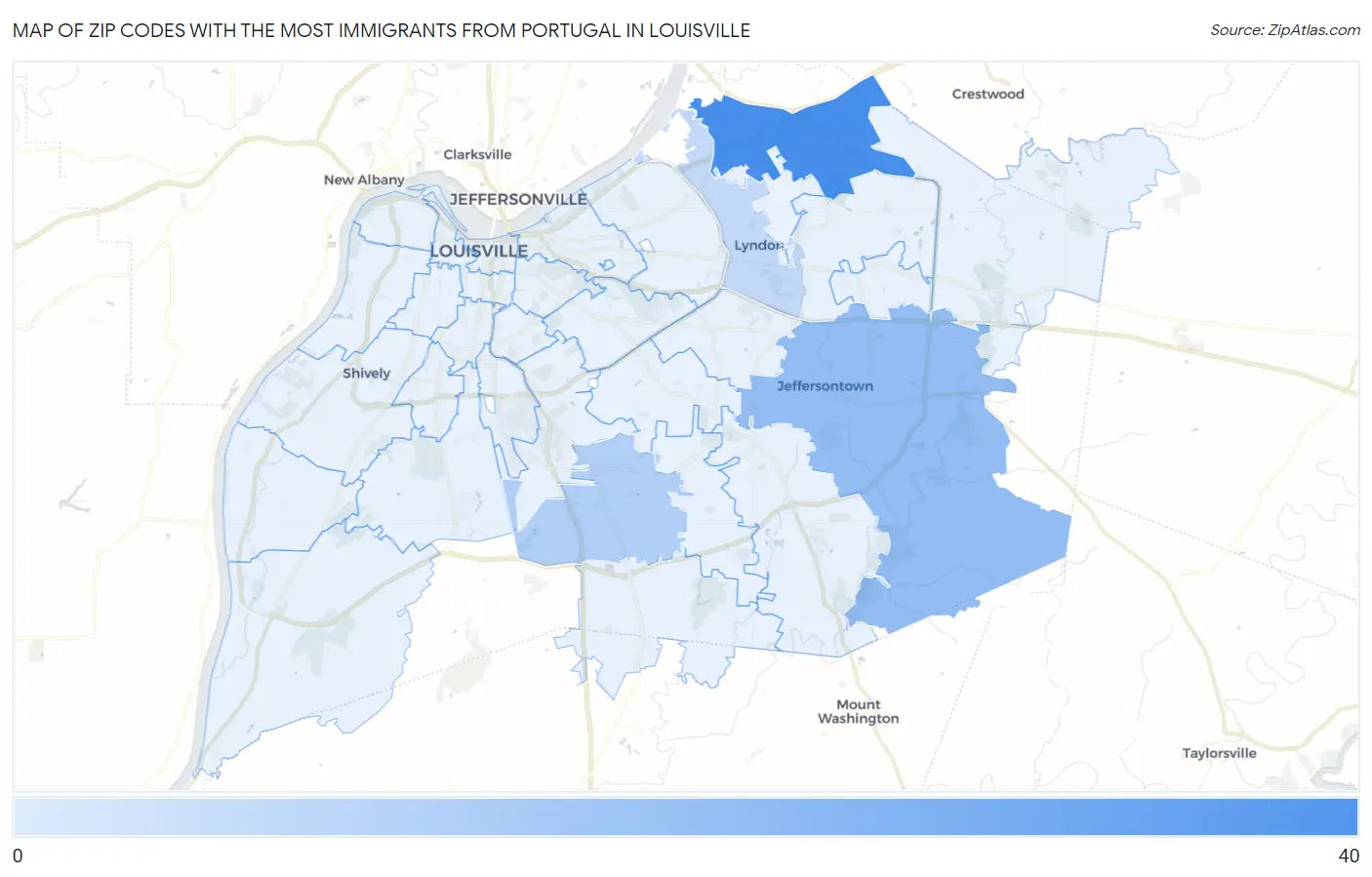 Zip Codes with the Most Immigrants from Portugal in Louisville Map