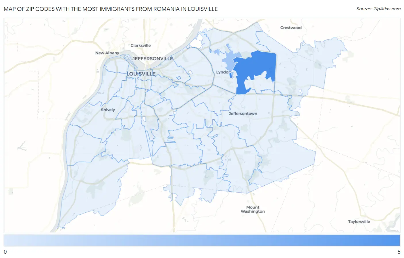 Zip Codes with the Most Immigrants from Romania in Louisville Map
