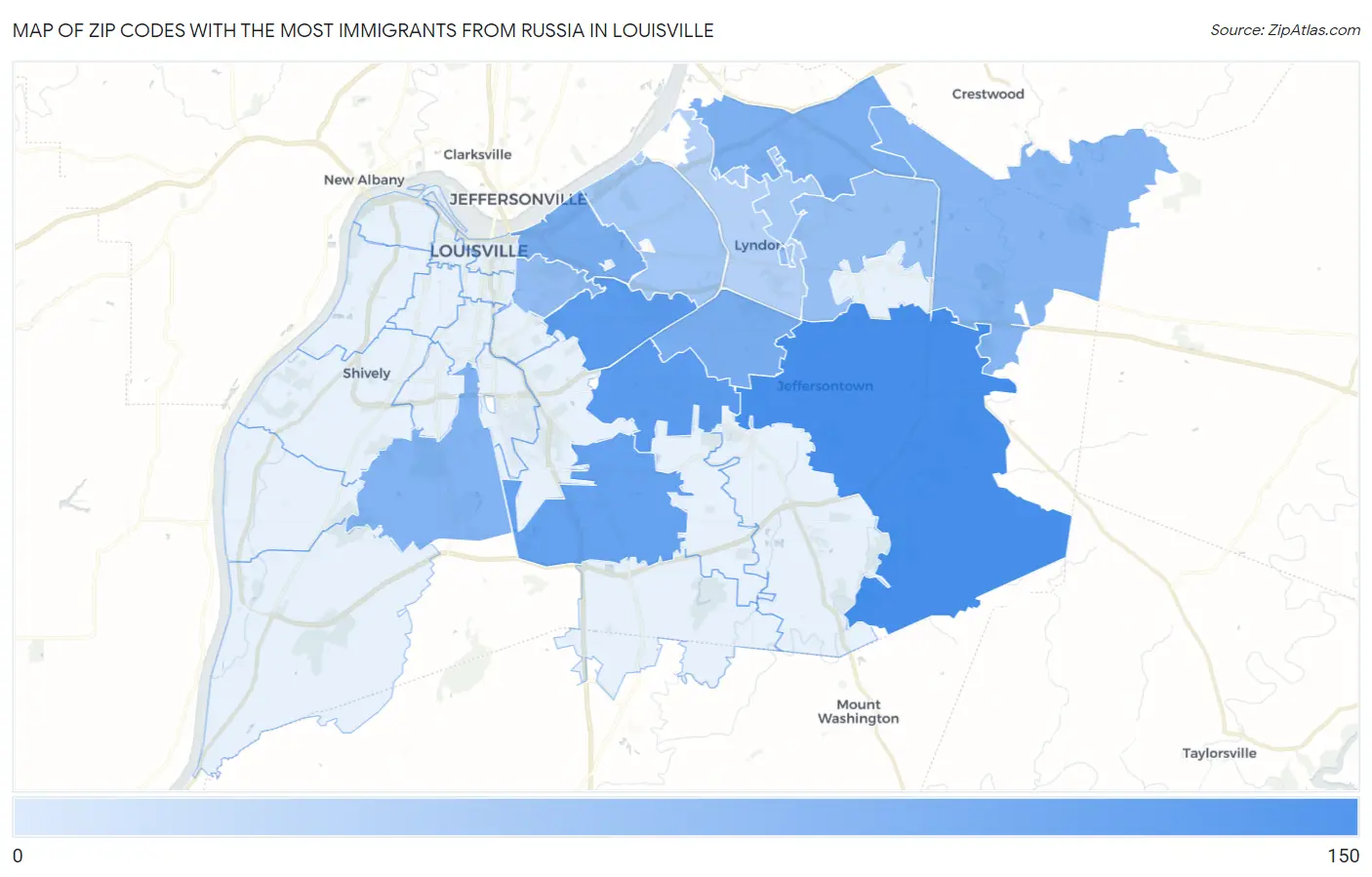 Zip Codes with the Most Immigrants from Russia in Louisville Map