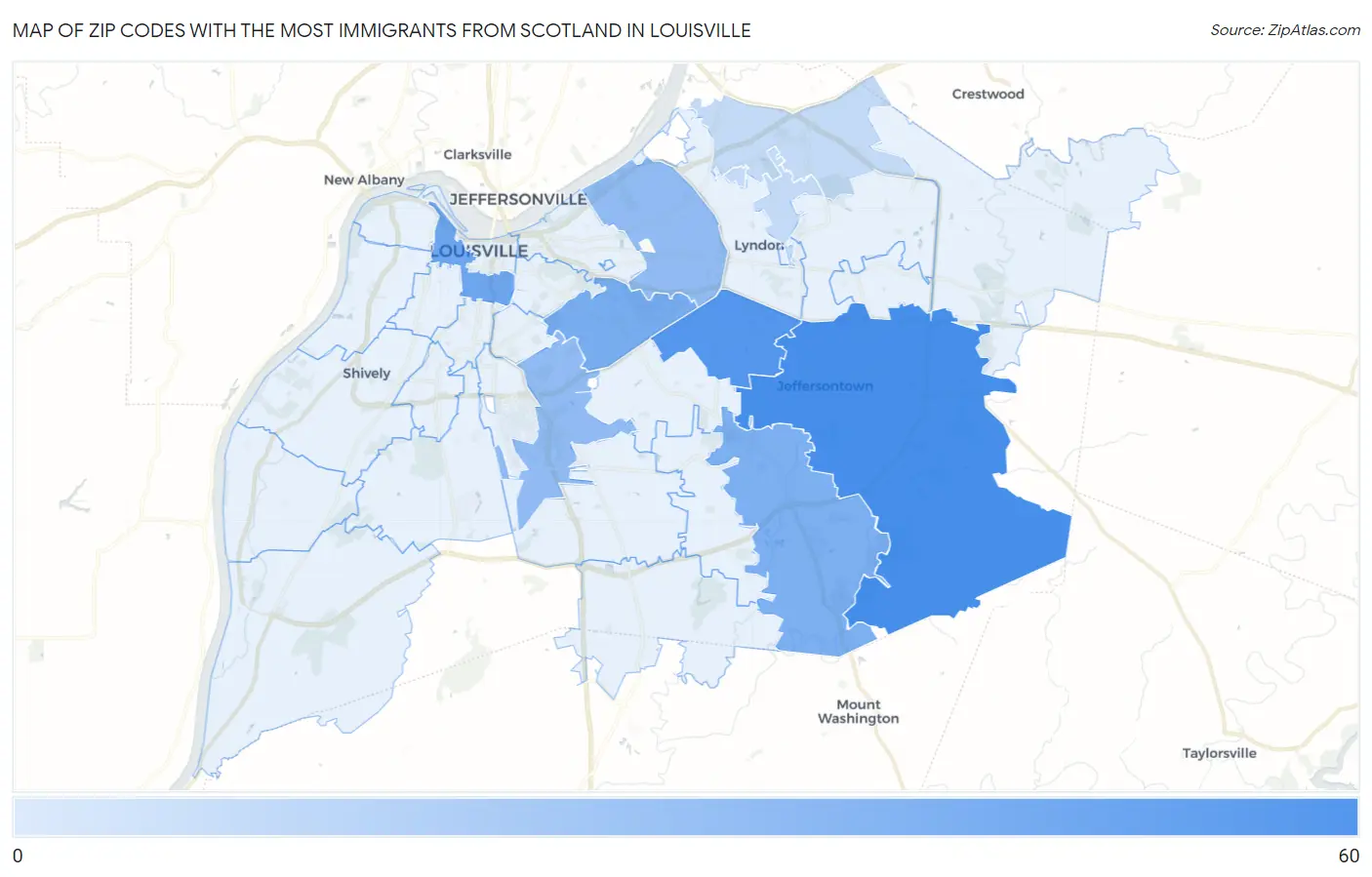 Zip Codes with the Most Immigrants from Scotland in Louisville Map