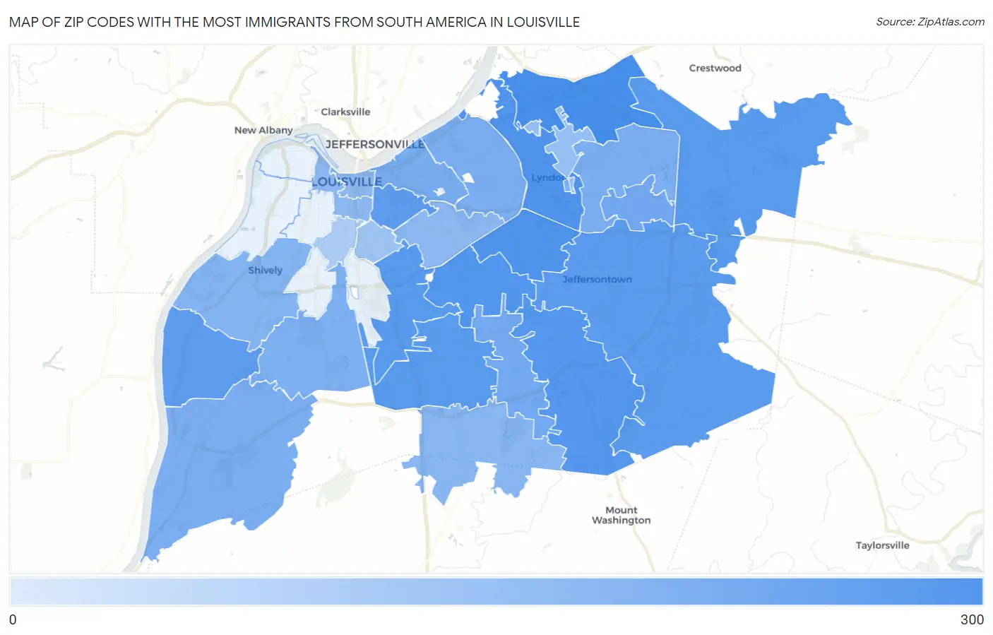 Zip Codes with the Most Immigrants from South America in Louisville Map
