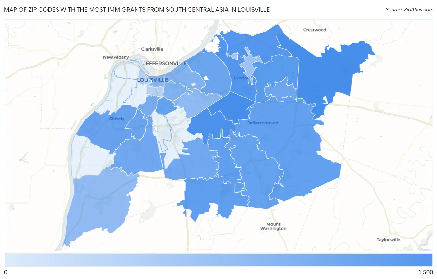 Zip Codes with the Most Immigrants from South Central Asia in Louisville Map