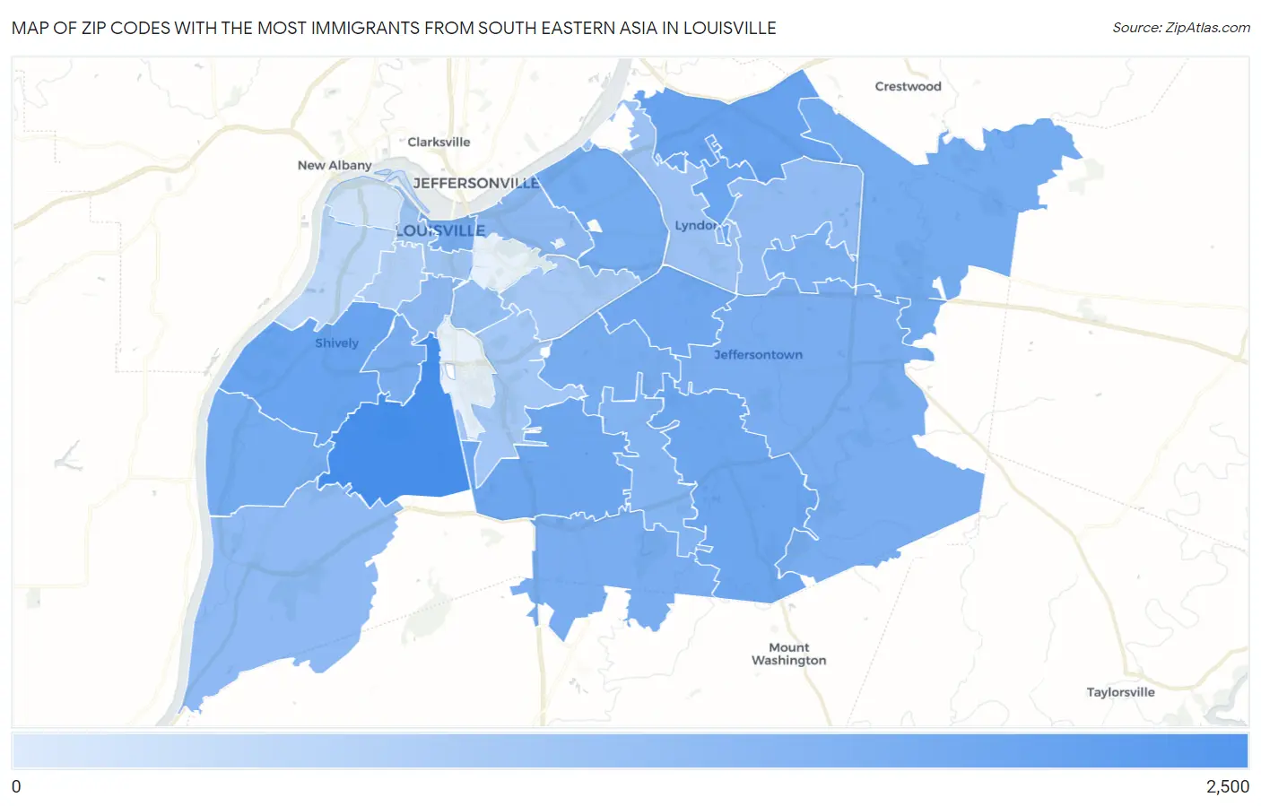Zip Codes with the Most Immigrants from South Eastern Asia in Louisville Map