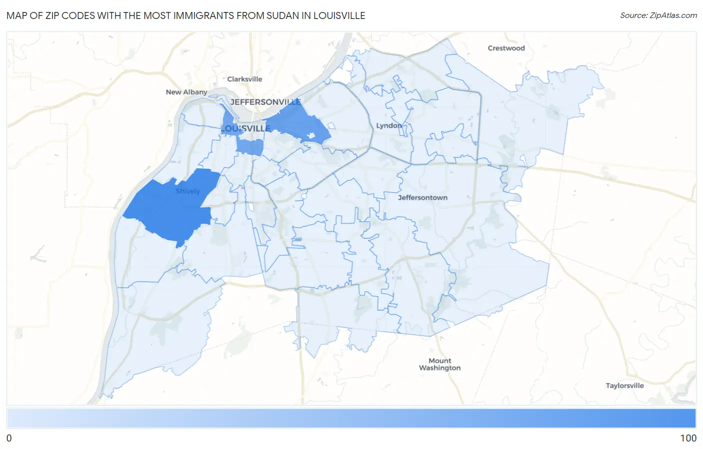 Zip Codes with the Most Immigrants from Sudan in Louisville Map