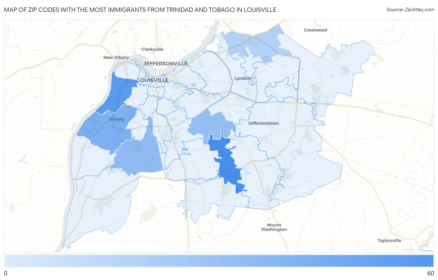 Zip Codes with the Most Immigrants from Trinidad and Tobago in Louisville Map