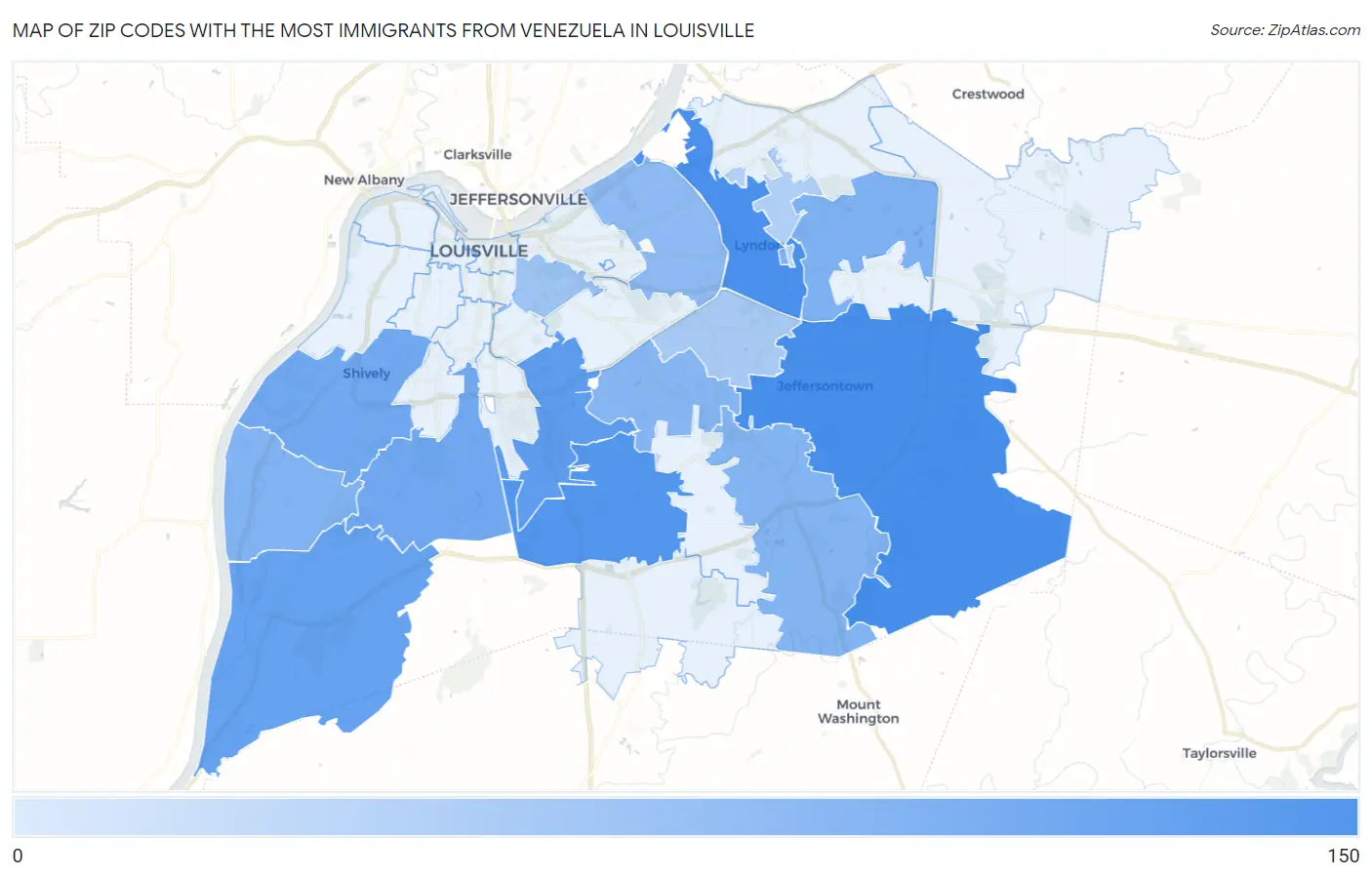 Zip Codes with the Most Immigrants from Venezuela in Louisville Map