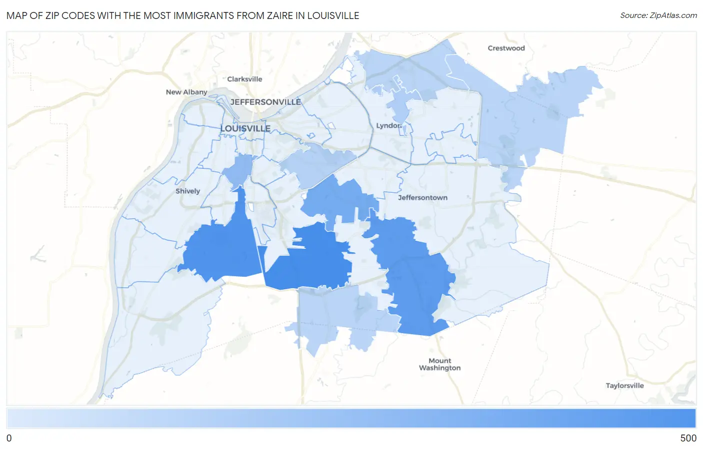 Zip Codes with the Most Immigrants from Zaire in Louisville Map