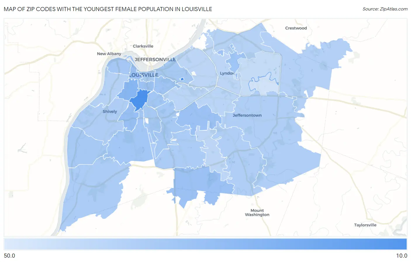 Zip Codes with the Youngest Female Population in Louisville Map
